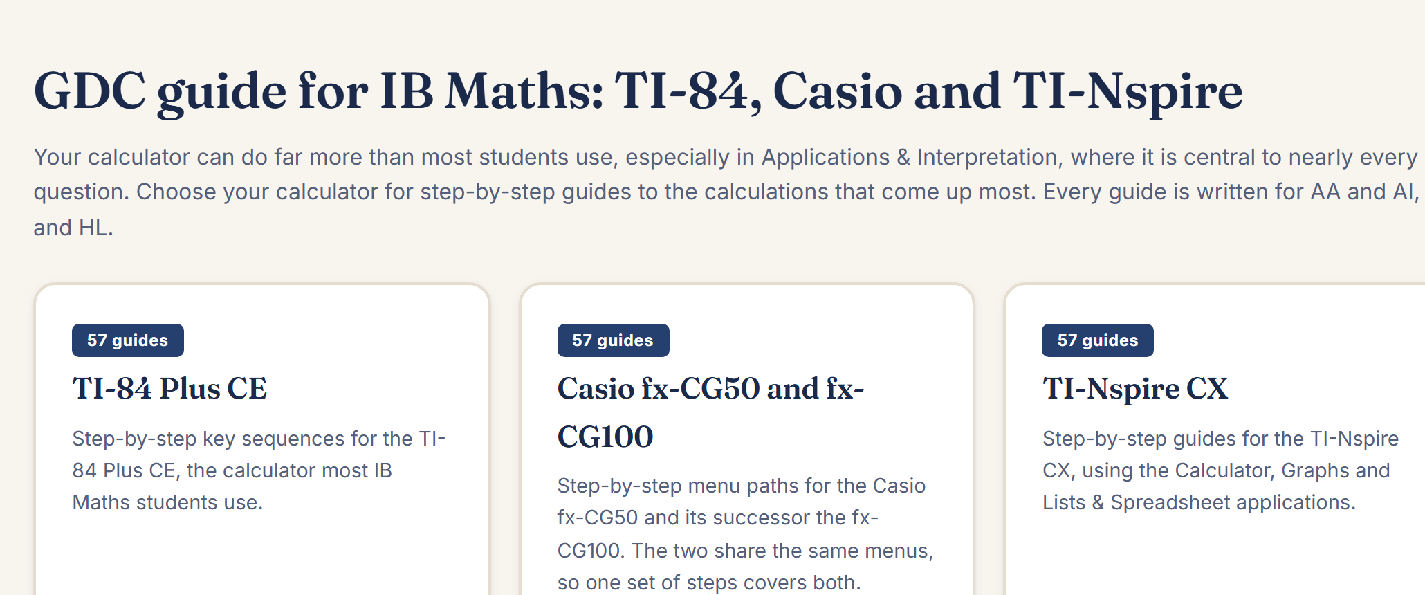 The GDC guide hub showing three supported calculator models
