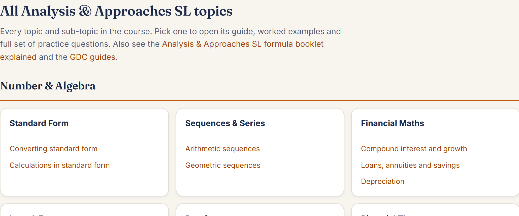 The Analysis and Approaches SL topic list, organised by unit