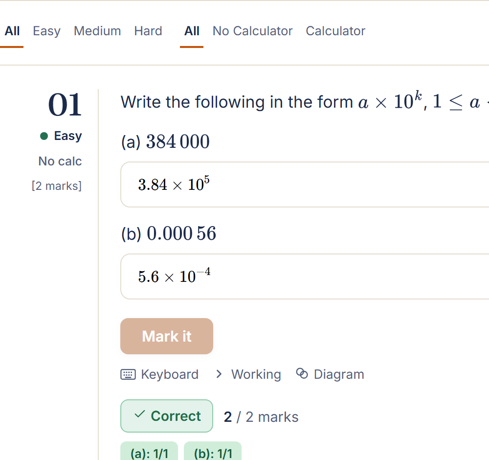 A practice question, answered and auto-marked correct